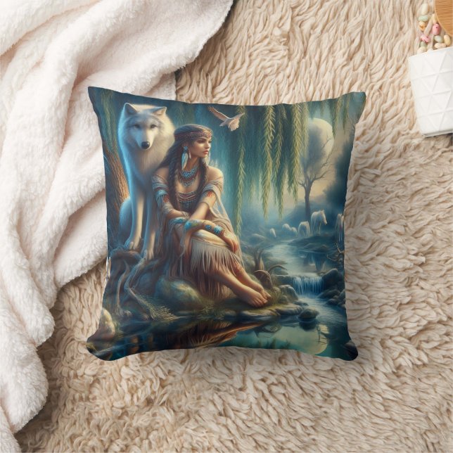 Native American Woman Relaxing by Water With Wolf Cushion (Blanket)