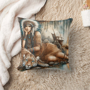 Native American Woman Relaxing With A Tiger Cushion