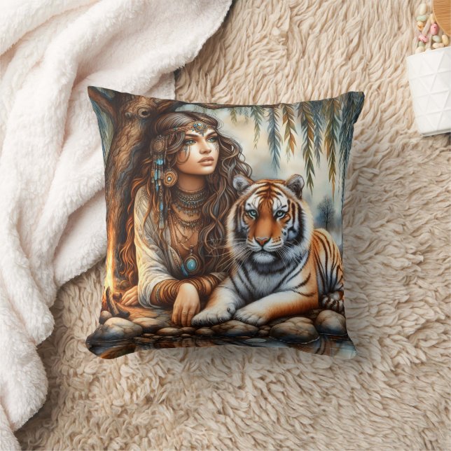 Native American Woman Relaxing With Tiger By Water Cushion (Blanket)