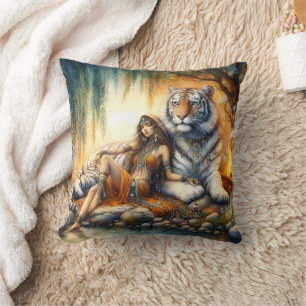 Native American Woman Relaxing With Tiger By Water Cushion