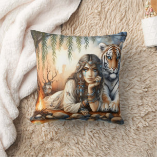 Native American Woman Relaxing With Tiger Cushion