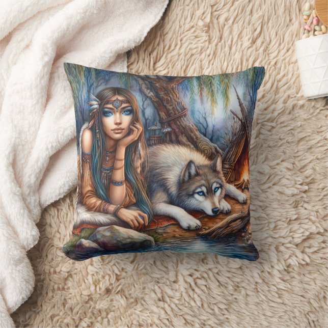 Native American Woman Relaxing With Wolf by River Cushion (Blanket)