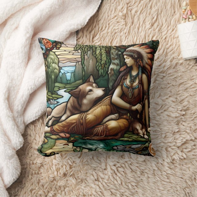 Native American Woman Relaxing With Wolf in Nature Cushion (Blanket)