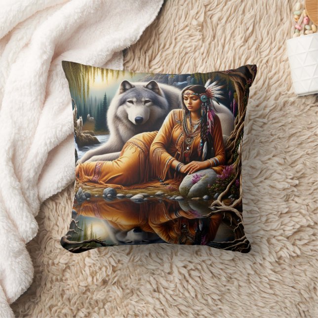Native American Woman Resting With Wolf By River Cushion (Blanket)