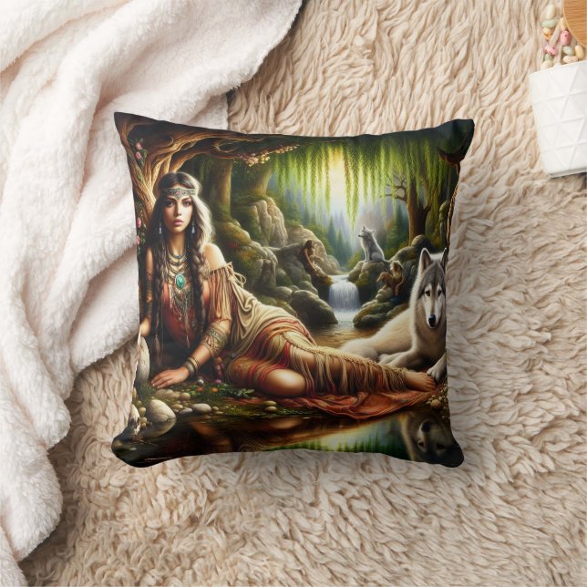 Native American Woman Resting With Wolf by Stream Cushion (Blanket)