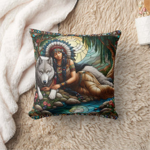 Native American Woman Resting With Wolf by Water Cushion