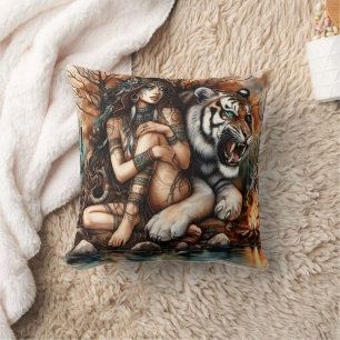 Native American Woman Seated Beside Tiger at Dusk Cushion