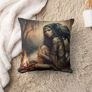 Native American Woman Seated by Fire With Raven Cushion