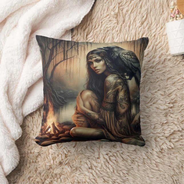 Native American Woman Seated by Fire With Raven Cushion (Blanket)