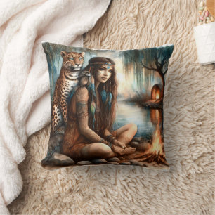 Native American Woman Seated by River With Tiger Cushion