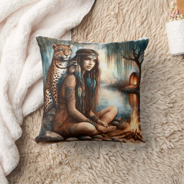 Native American Woman Seated by River With Tiger Cushion (Blanket)