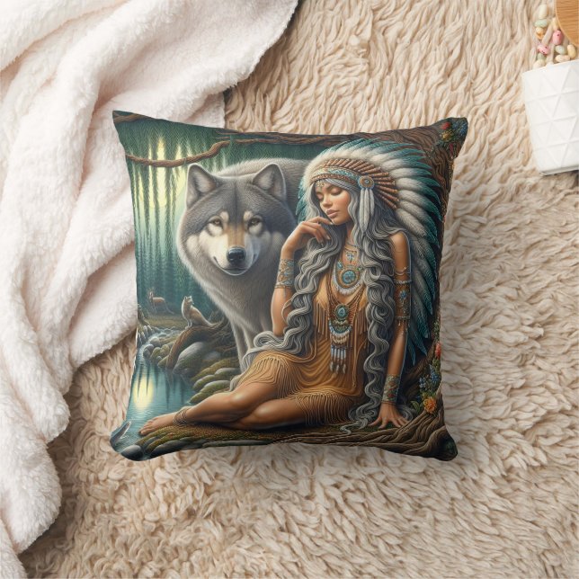 Native American Woman Seated With Wolf in Forest Cushion (Blanket)