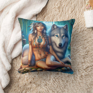 Native American Woman Sitting Beside A Wolf Cushion