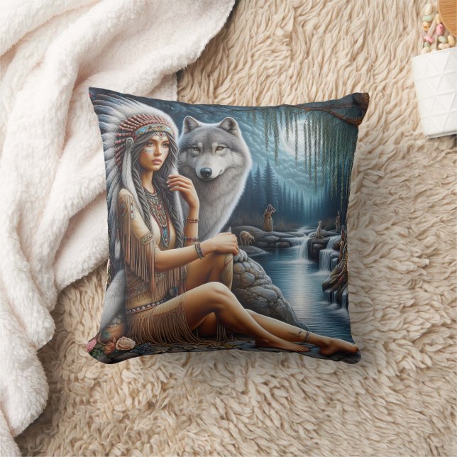 Native American Woman Sitting Beside Wolf at River Cushion (Blanket)