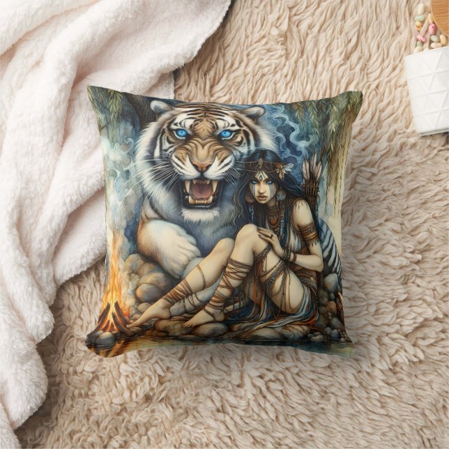Native American Woman Sitting by a Tiger at Dawn Cushion (Blanket)