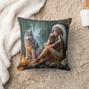 Native American Woman Sitting By A Wolf Cushion