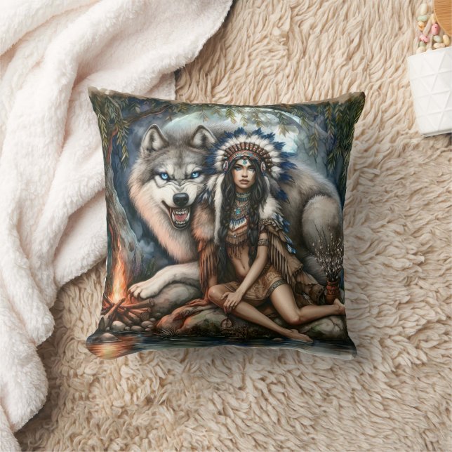 Native American Woman Sitting By A Wolf Fireside Cushion (Blanket)