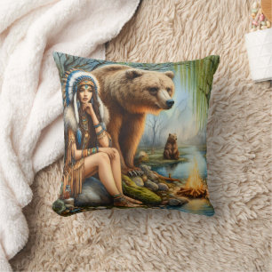 Native American Woman Sitting By Bear At Campfire Cushion