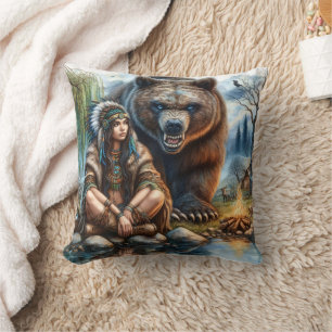 Native American Woman Sitting By Bear At Sunset Cushion