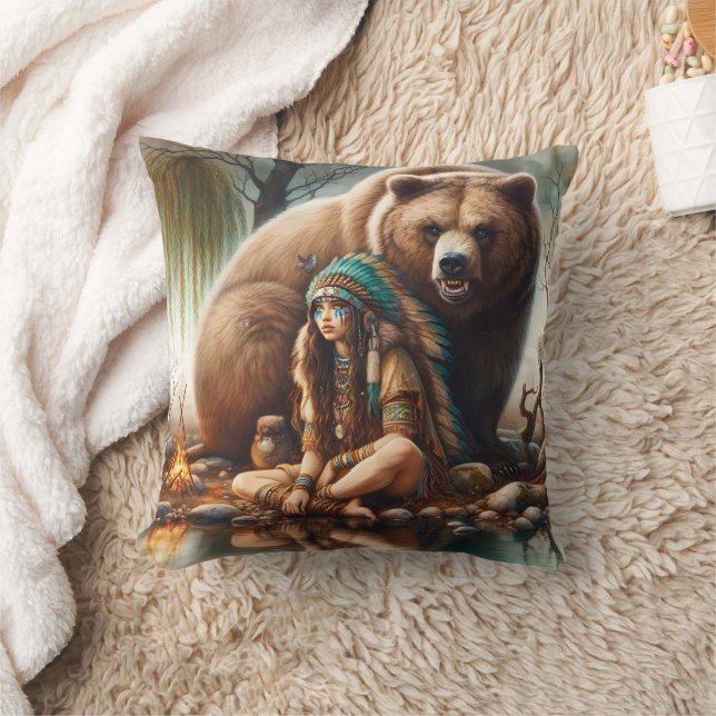 Native American Woman Sitting by Bear in Nature Cushion (Blanket)