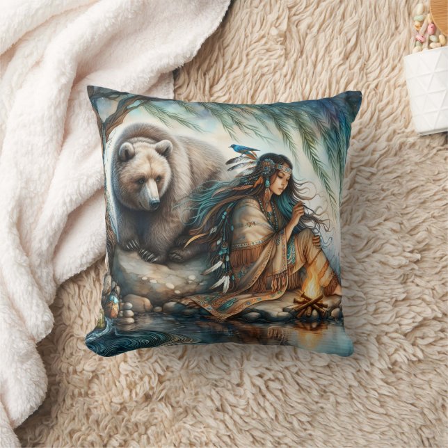 Native American Woman Sitting By Fire With Bear Cushion (Blanket)