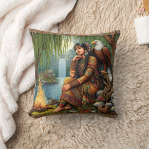 Native American Woman Sitting by Fire With Eagle Cushion