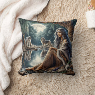 Native American Woman Sitting By Moonlit Water Cushion