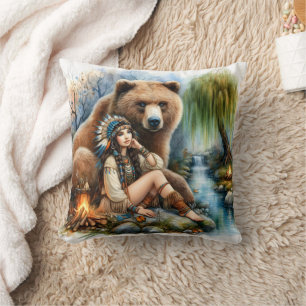 Native American Woman Sitting By River With Bear Cushion