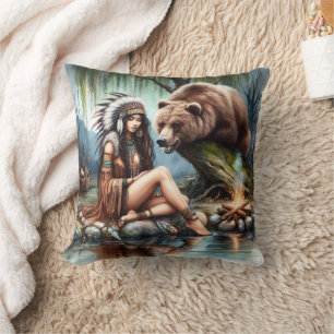 Native American Woman Sitting By River With Bear Cushion