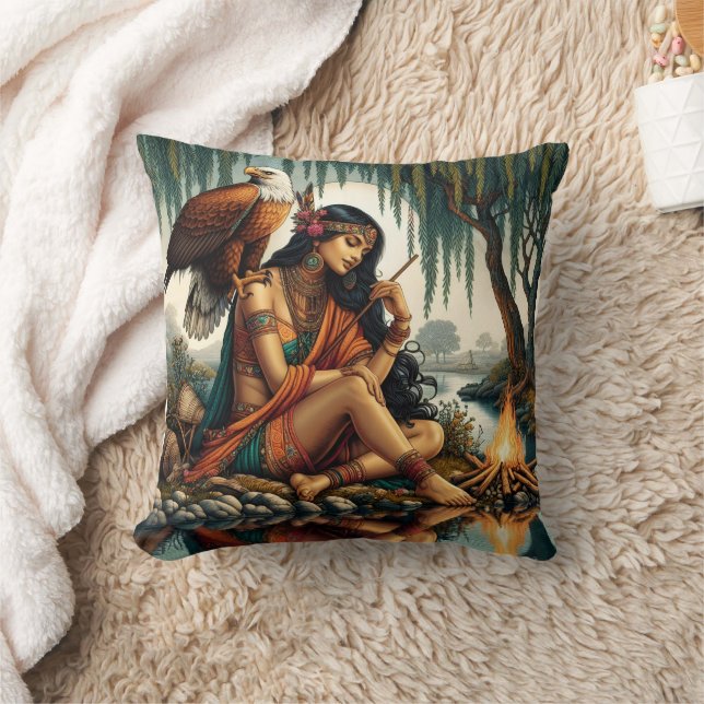 Native American Woman Sitting by River With Eagle Cushion (Blanket)
