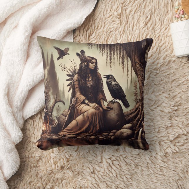 Native American Woman Sitting by River With Raven Cushion (Blanket)