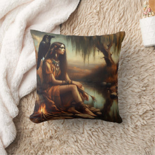 Native American Woman Sitting By River With Raven Cushion