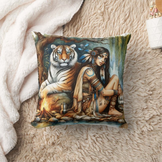Native American Woman Sitting By River With Tiger Cushion (Blanket)
