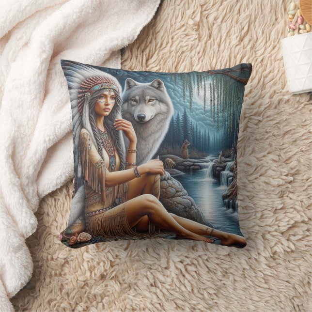 Native American Woman Sitting By River With Wolf Cushion (Blanket)