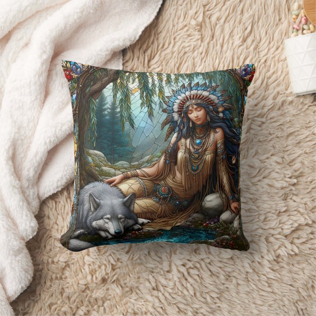 Native American Woman Sitting by River With Wolf Cushion (Blanket)