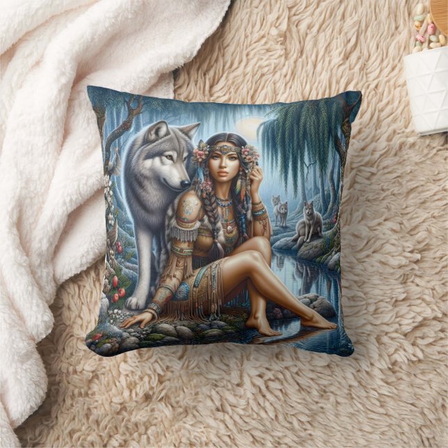 Native American Woman Sitting By River With Wolf Cushion (Blanket)