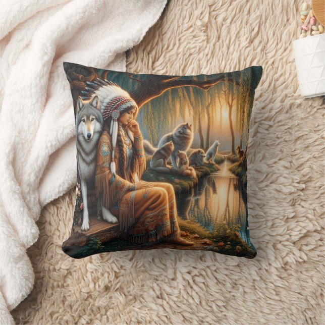 Native American Woman Sitting by River With Wolf Cushion (Blanket)