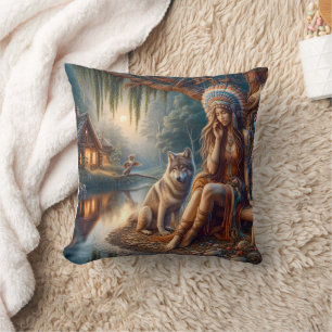 Native American Woman Sitting By River With Wolf Cushion
