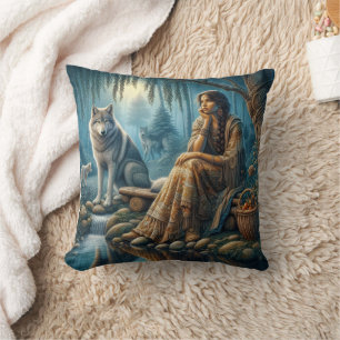 Native American Woman Sitting By Stream With Wolf Cushion
