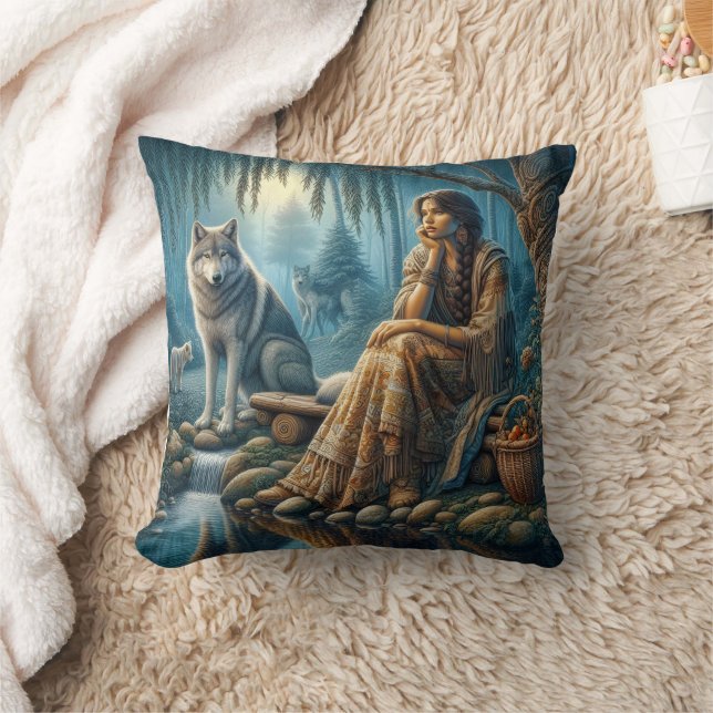 Native American Woman Sitting By Stream With Wolf Cushion (Blanket)