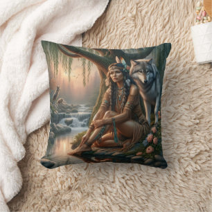 Native American Woman Sitting by Stream With Wolf Cushion