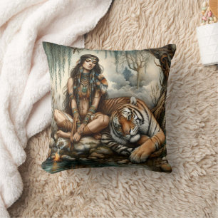 Native American Woman Sitting by Tiger at River Cushion