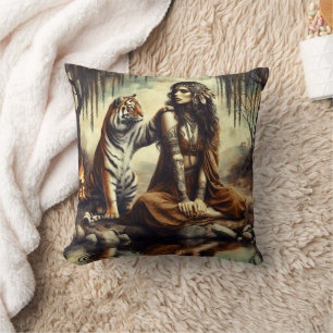 Native American Woman Sitting by Tiger in Nature Cushion