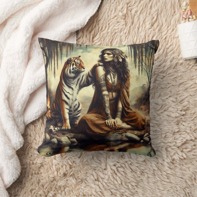 Native American Woman Sitting by Tiger in Nature Cushion (Blanket)