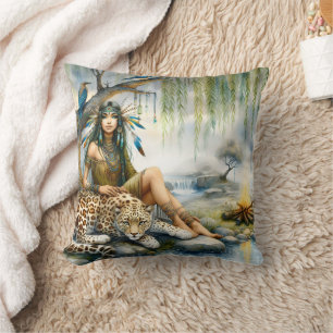 Native American Woman Sitting By Water With Tiger Cushion