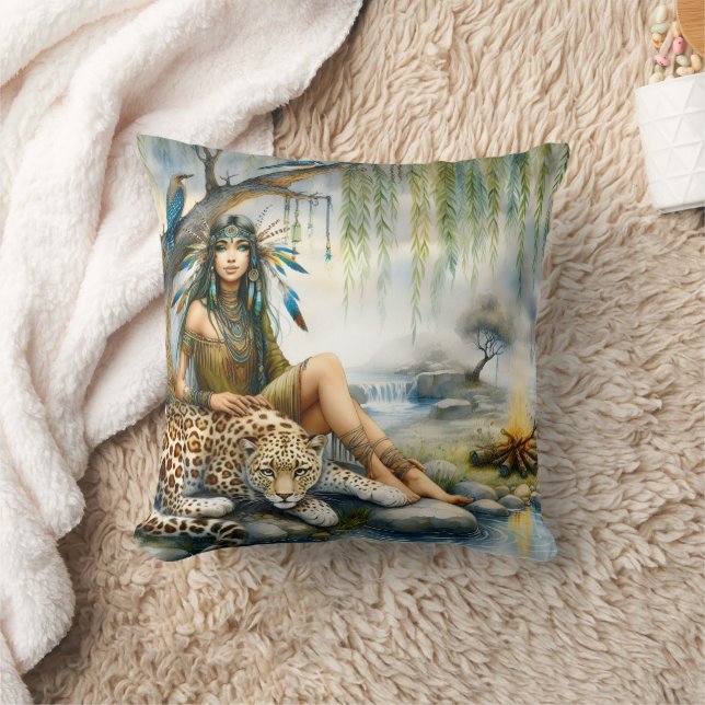 Native American Woman Sitting By Water With Tiger Cushion (Blanket)
