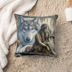 Native American Woman Sitting by Water With Wolf Cushion