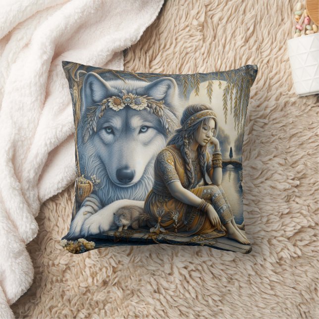 Native American Woman Sitting by Water With Wolf Cushion (Blanket)