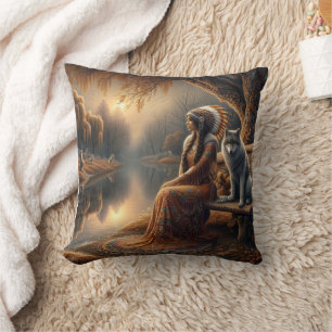Native American Woman Sitting By Water With Wolf Cushion