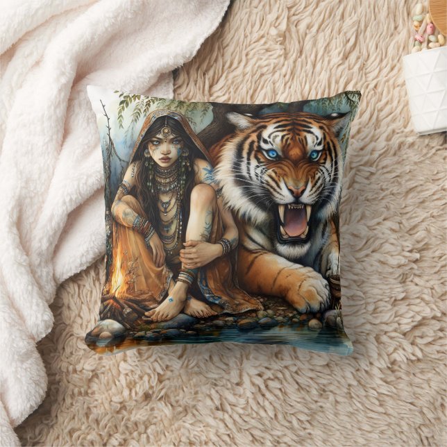 Native American Woman Sitting Next To A Tiger Cushion (Blanket)